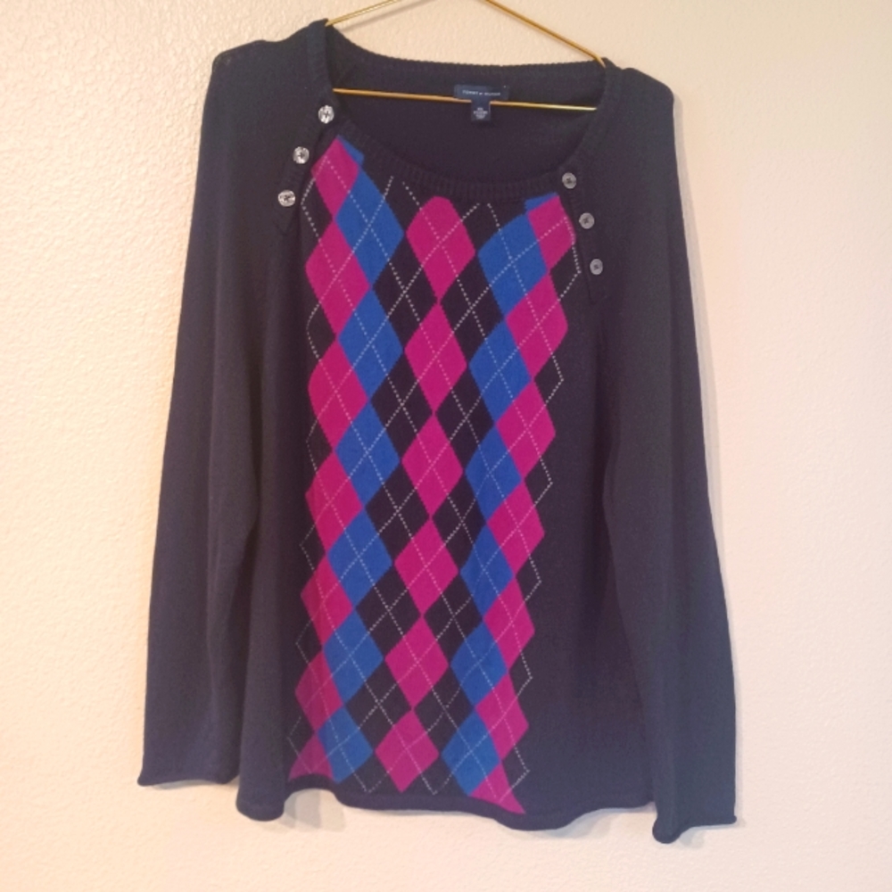 Vtg Tommy Hilfiger Women 2XL Black Knit Argyle Crewneck Sweater Side Button Up